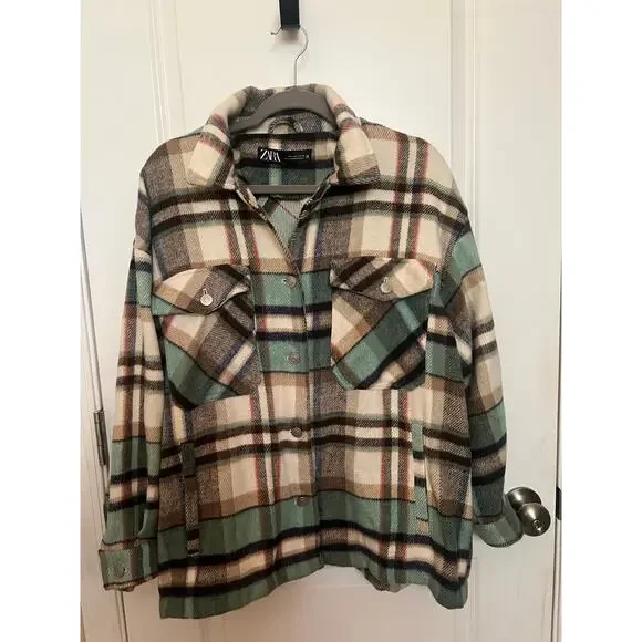 Zara Women's Large Button Down Shirt Check Plaid Beige Green Oversized Jacket - Picture 1 of 8
